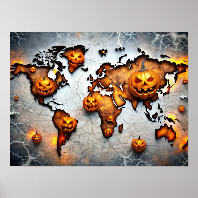 Halloween Pumpkin Wall Art World Map Poster (Front)