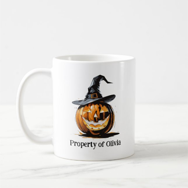Halloween Pumpkin Wearing A Witch Hat Coffee Mug (Left)