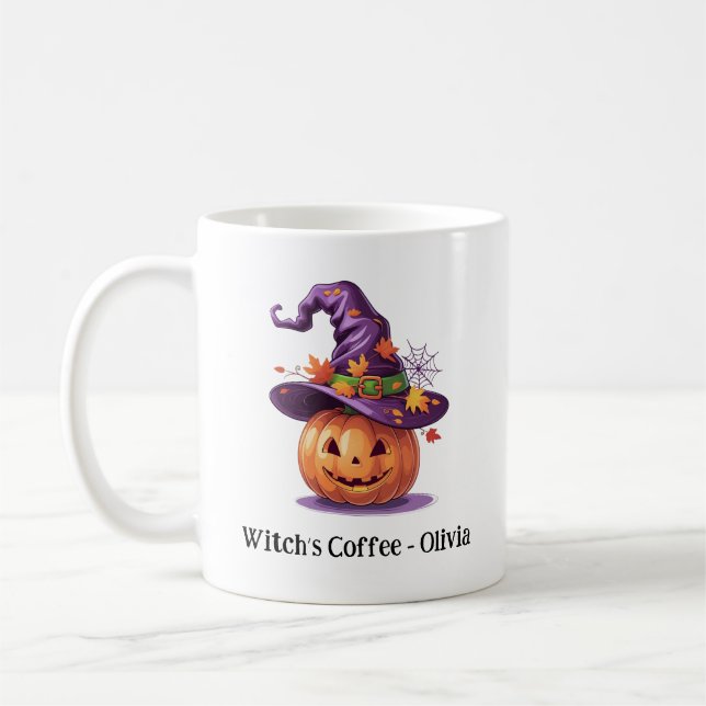Halloween Pumpkin Wearing A Witch Hat Coffee Mug (Left)