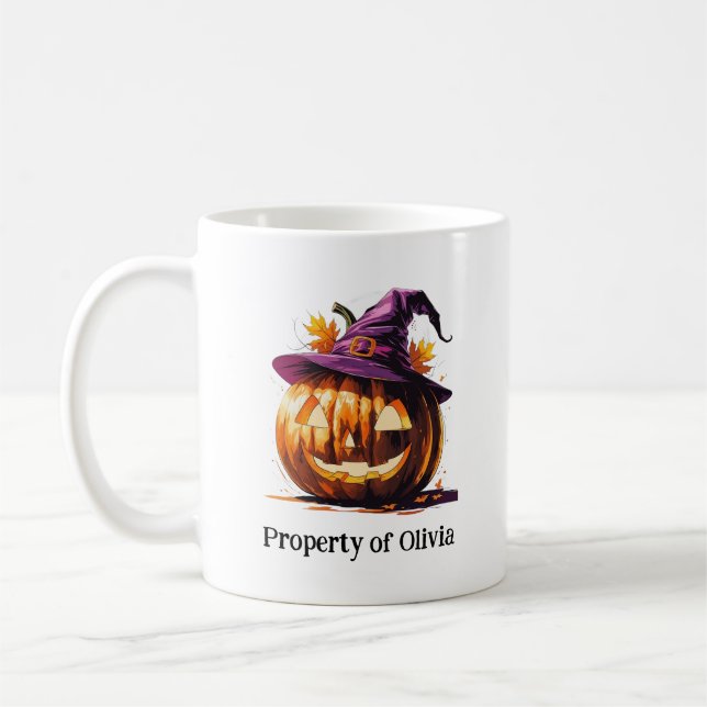 Halloween Pumpkin Wearing A Witch Hat Coffee Mug (Left)