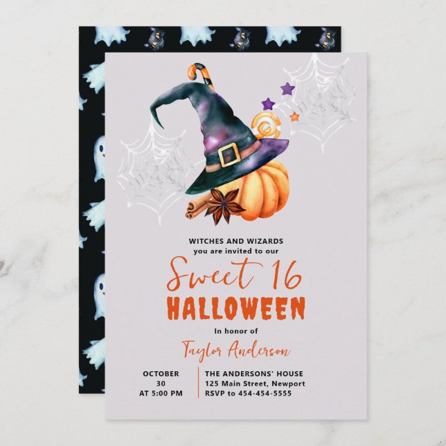 Halloween Pumpkin Witch Candy Ghosts Cute Sweet 16 Invitation (Front/Back)