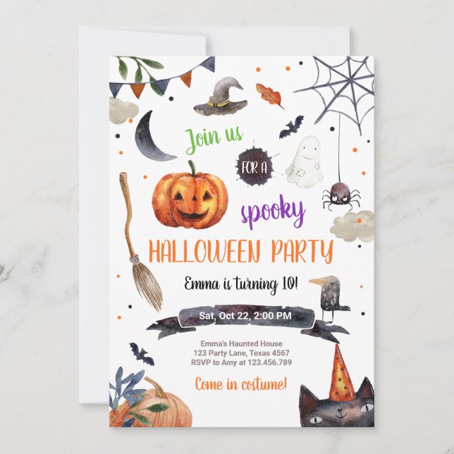Halloween Pumpkin Witch Cat Spider Spooky Birthday Invitation (Front)