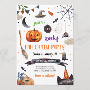 Halloween Pumpkin Witch Cat Spider Spooky Birthday Invitation