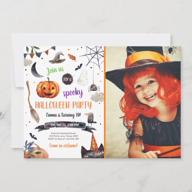 Halloween Pumpkin Witch Cat Spider Spooky Birthday Invitation (Front)