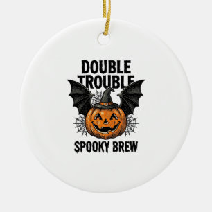 Halloween Pumpkin Witch Double Trouble Vintage Des Ceramic Ornament