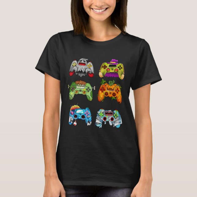 Halloween Pumpkin Witch Gaming Controllers Zombie  T-Shirt (Front)