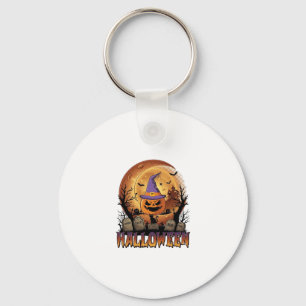 Halloween Pumpkin Witch Hat Black Cat Full Moon_1 Key Ring
