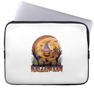 Halloween Pumpkin Witch Hat Black Cat Full Moon_1 Laptop Sleeve