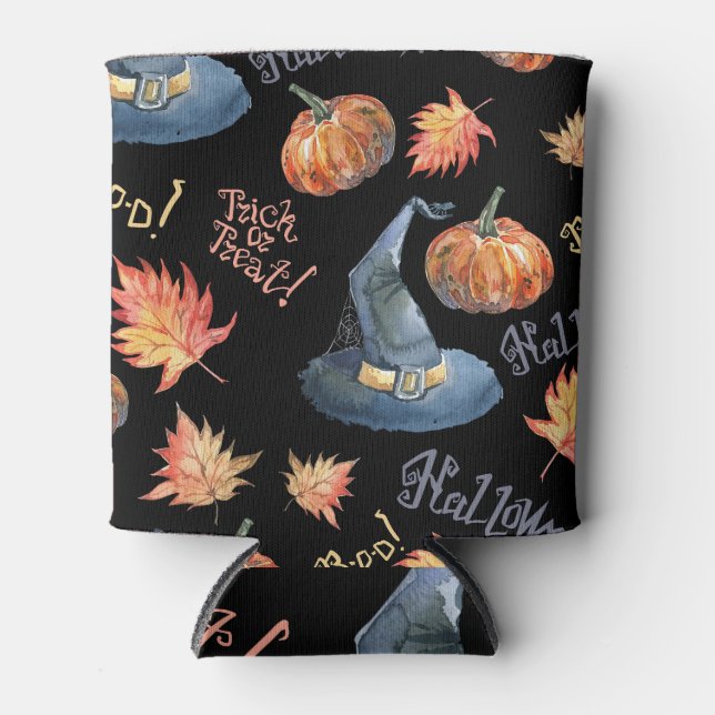 Halloween Pumpkin Witch Hat Pattern Can Cooler (Front)