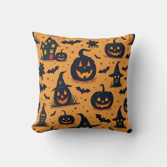 Halloween Pumpkin Witch Hat Pattern Pillow Cushion (Front)