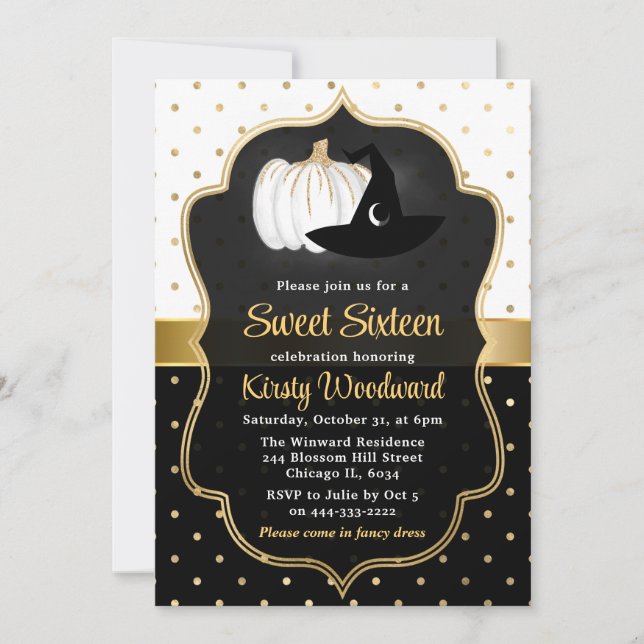 Halloween Pumpkin & Witch Hat Sweet Sixteen Invitation (Front)