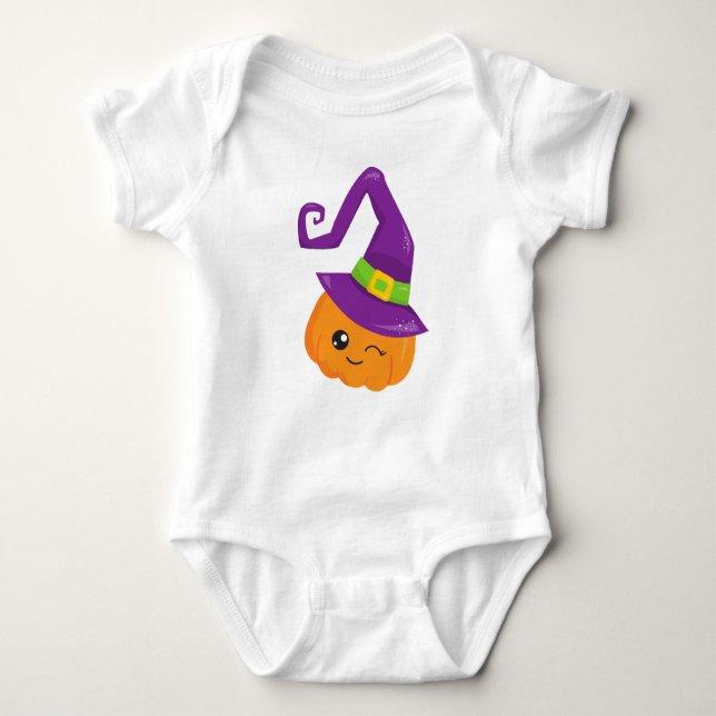 Halloween, Pumpkin, Witch Hat, Trick Or Treat Baby Bodysuit (Front)