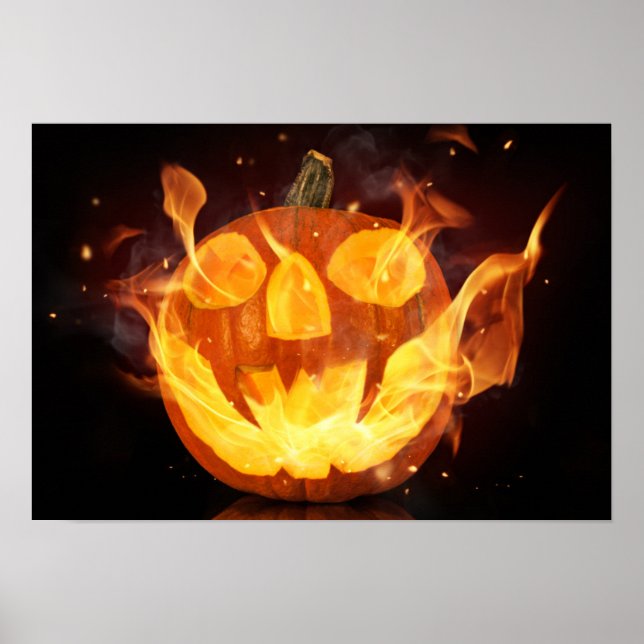 Halloween Pumpkin With Fire Flames Poster (Front)