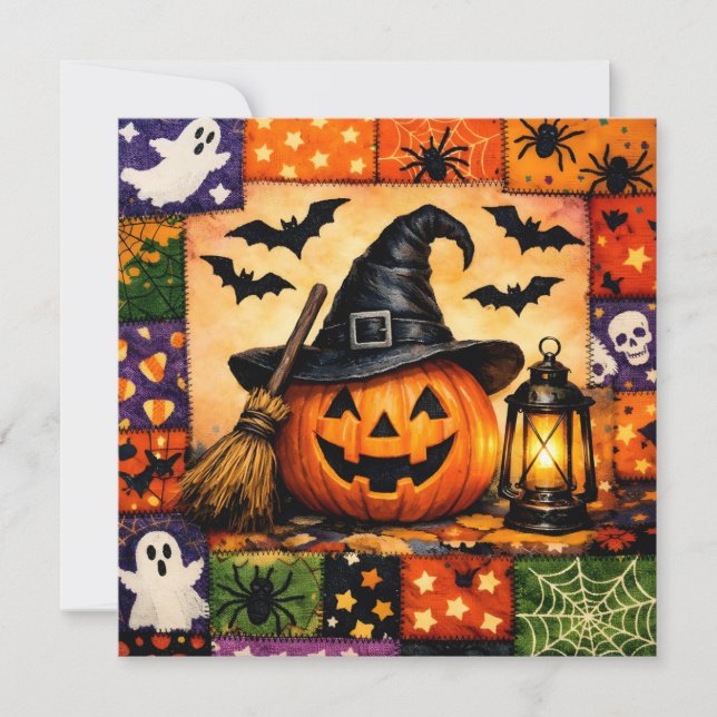 Halloween Pumpkin with Lantern and Patchwork  Holiday Card (Front)