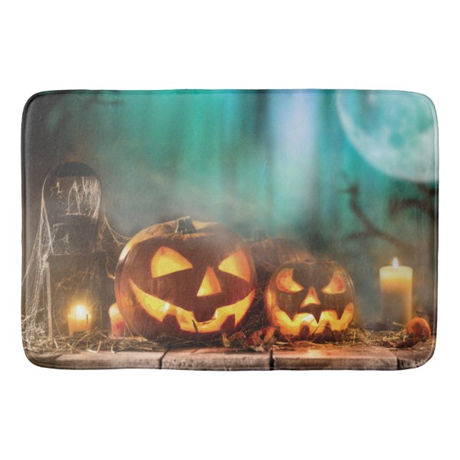 Halloween pumpkins and bats   bath mat (Front)