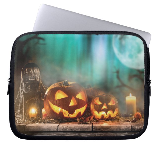 Halloween pumpkins and bats  laptop sleeve (Front)