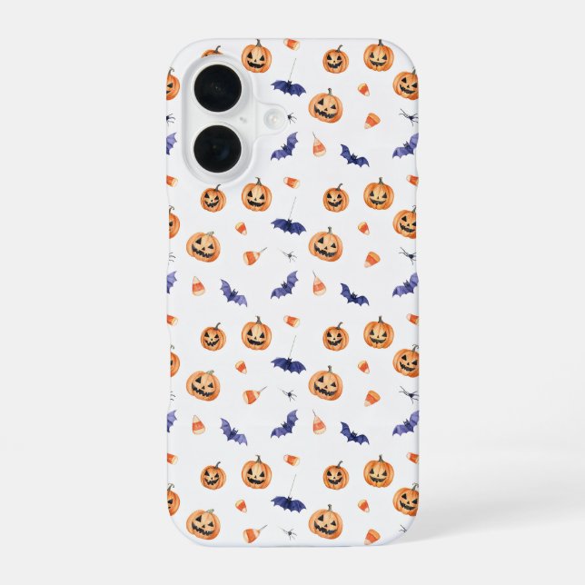 Halloween Pumpkins and Bats Pattern iPhone 16 Case (Back)