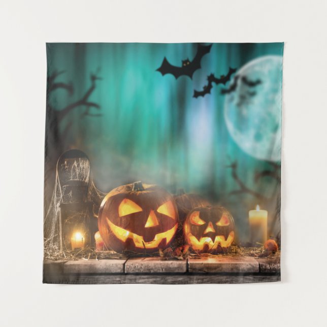 Halloween pumpkins and bats  tapestry (Front)