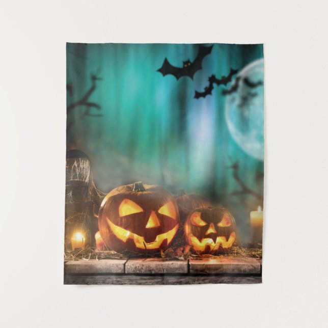 Halloween pumpkins and bats   tapestry (Front)