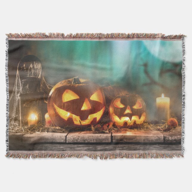 Halloween pumpkins and bats   throw blanket (Front)