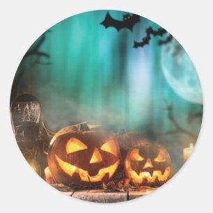 Halloween pumpkins and bats  throw pillow classic round sticker