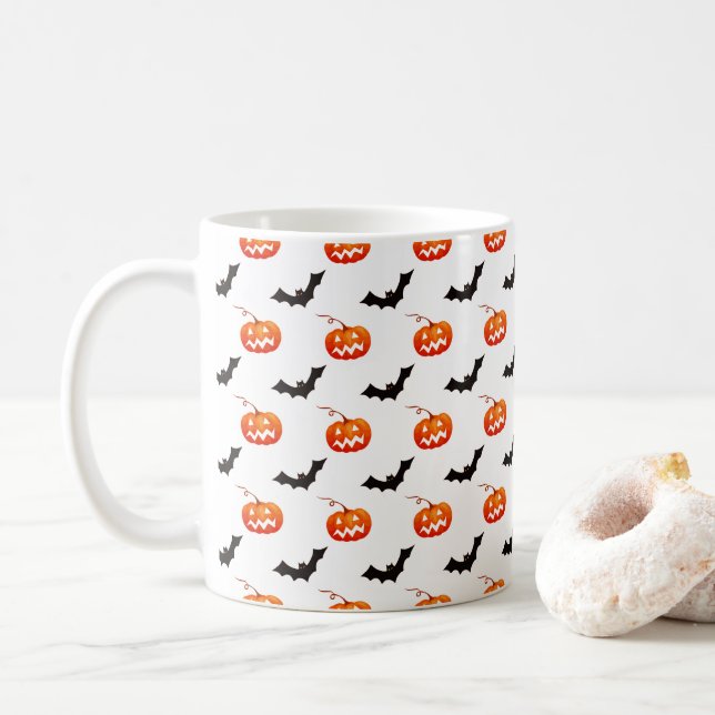 Halloween Pumpkins and Bats, Trick or Treat, Boo Coffee Mug (With Donut)