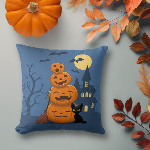 Halloween Pumpkins and Black Cat Cushion