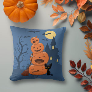 Halloween Pumpkins and Black Cat Cushion