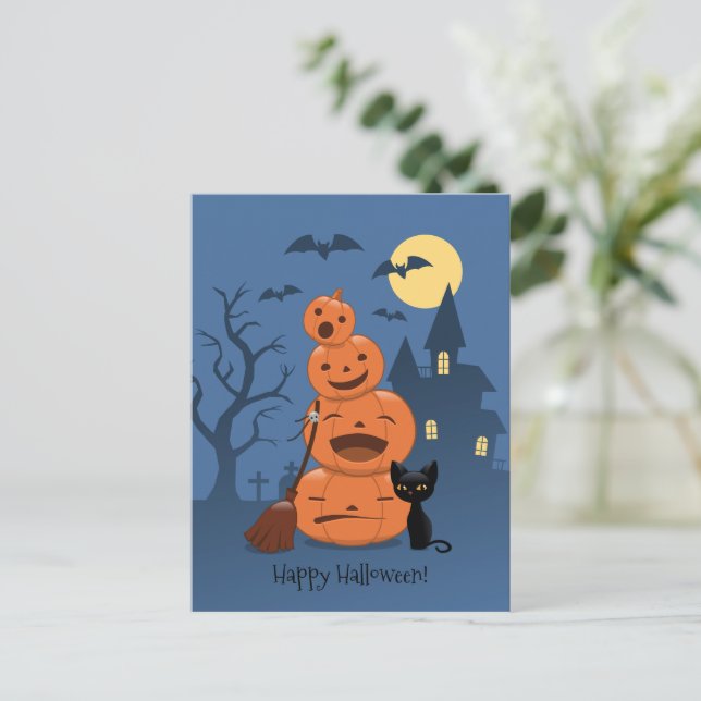 Halloween Pumpkins and Black Cat Postcard (Standing Front)