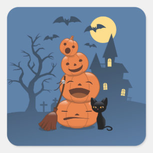 Halloween Pumpkins and Black Cat Square Sticker