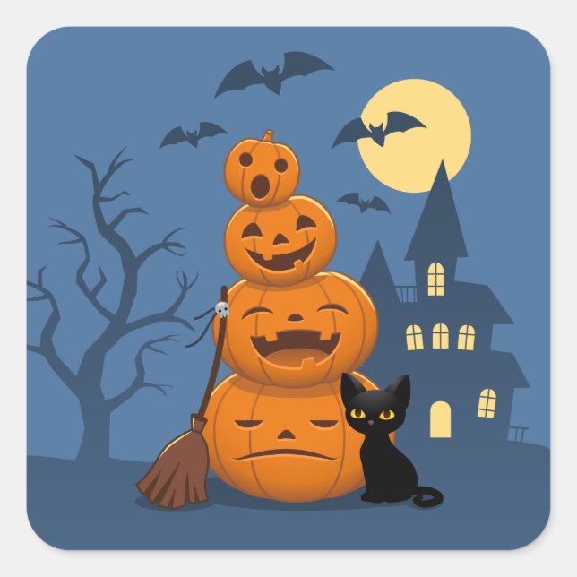 Halloween Pumpkins and Black Cat Square Sticker (Front)