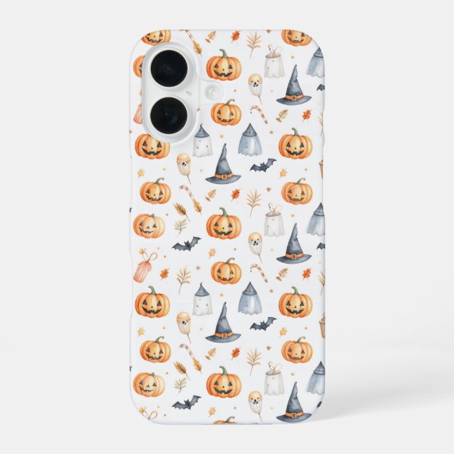 Halloween Pumpkins and Ghosts Pattern iPhone 16 Case (Back)
