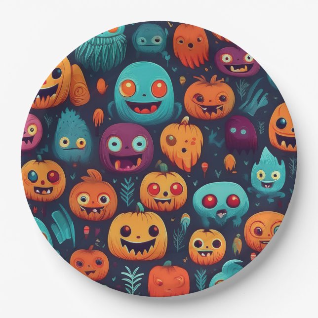 Halloween pumpkins and monsters paper plate (Front)