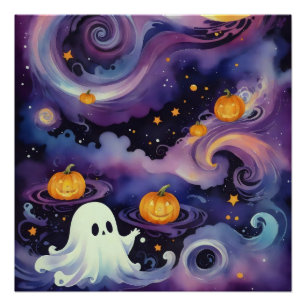 Halloween Pumpkins and Starry Ghost Poster