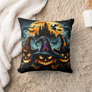 Halloween pumpkins and witches at dusk cushion