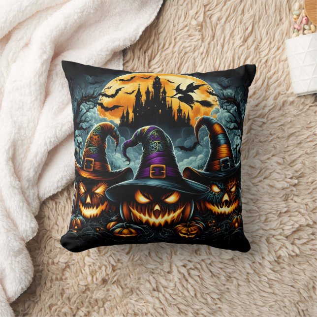 Halloween pumpkins and witches at dusk cushion (Blanket)