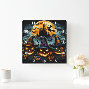 Halloween pumpkins and witches at dusk square wall clock