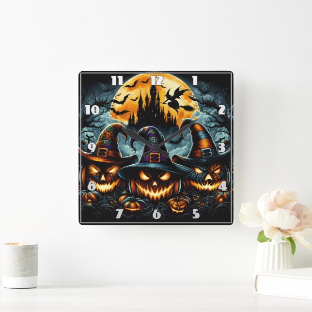 Halloween pumpkins and witches at dusk square wall clock (Home)