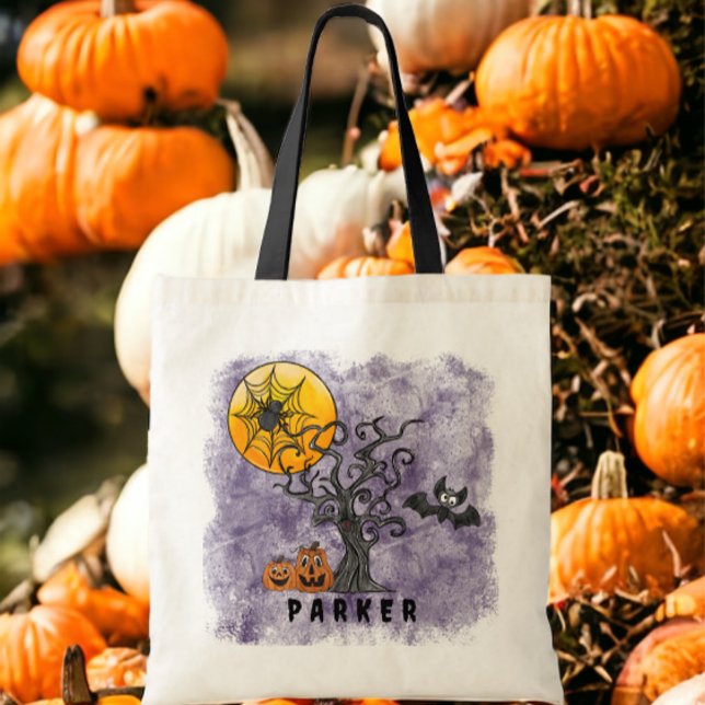 Halloween Pumpkins Bat Spooky Tree Name Purple Tote Bag (Creator Uploaded)