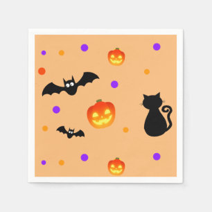 Halloween pumpkins, bats & cat on white napkin