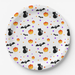Halloween pumpkins, bats & cats on white paper plate