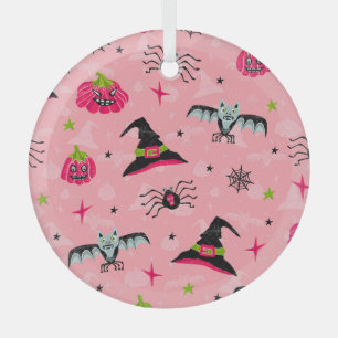 Halloween pumpkins, bats: seamless background. glass tree decoration
