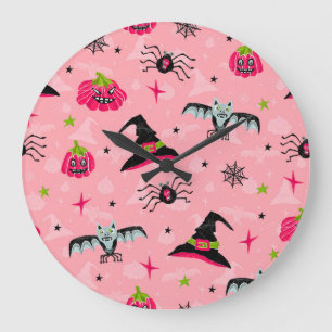 Halloween pumpkins, bats: seamless background. large clock