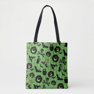 Halloween Pumpkins Bats Skulls Witch Boots Green Tote Bag