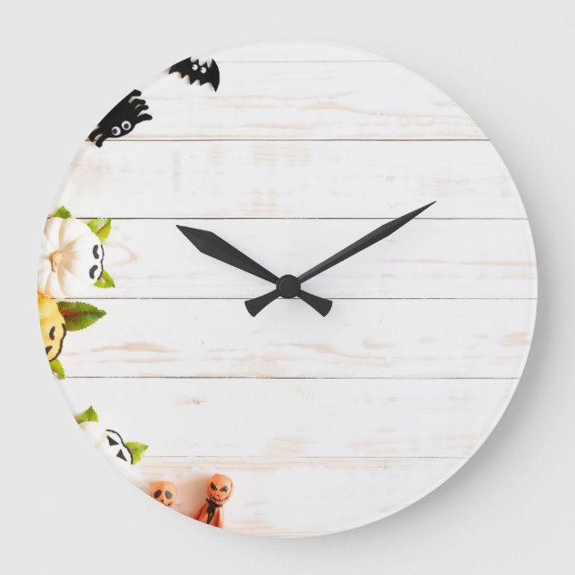 Halloween pumpkins, bats, spider top view. large clock (Front)