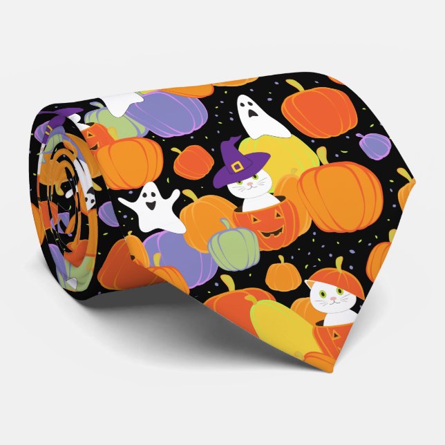 Halloween pumpkins cats and ghosts colorful tie (Rolled)