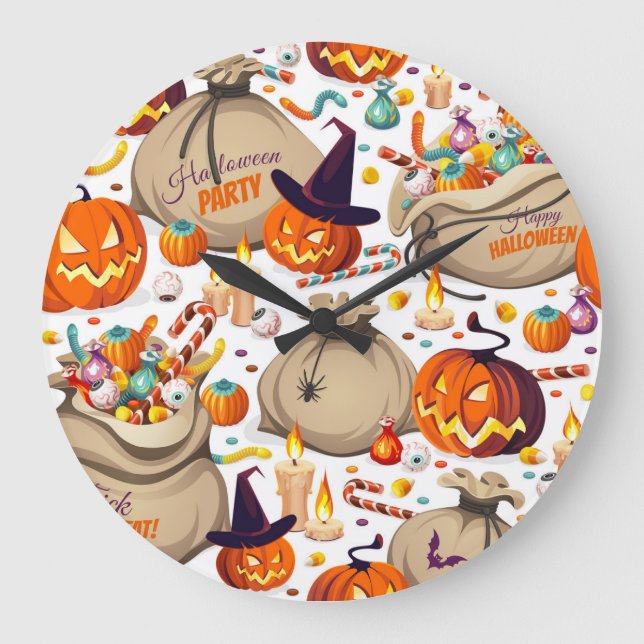 Halloween pumpkins, colourful sweets, seamless pat large clock (Front)