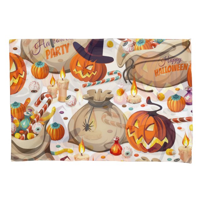 Halloween pumpkins, colourful sweets, seamless pat pillowcase (Front)