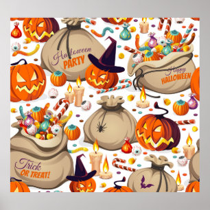 Halloween pumpkins, colourful sweets, seamless pat poster