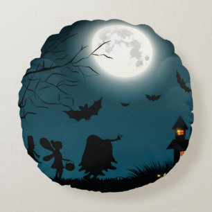 Halloween Pumpkins: Dark Castle Blue Moon Round Cushion